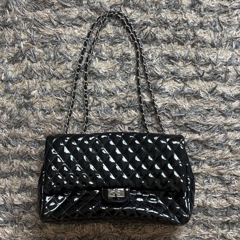 Black Quilted Patent Shoulder Bag with Chain Strap